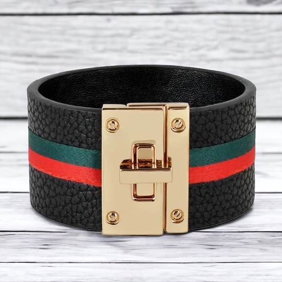 Jewelry - SUPER CHIC FAUX LEATHER CUFF BRACELET WITH DESIGNER INSPIRED STRIPES